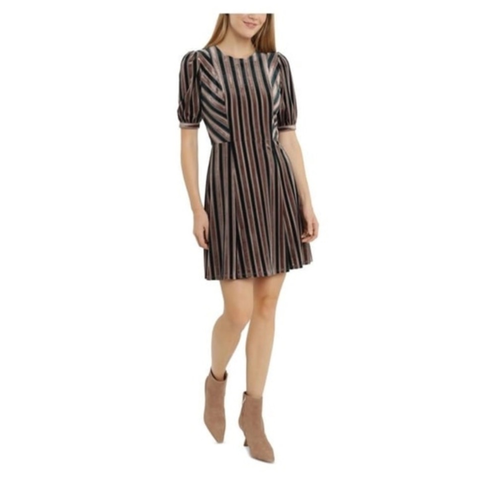 Maggy London Striped Velvet Dress Size 6 Green Mauve Fit & Flare Retro Boho